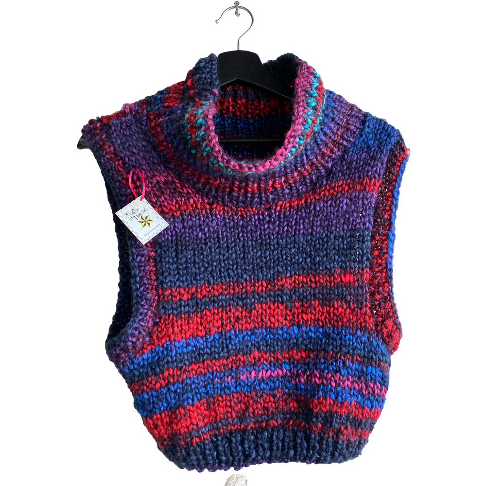 Purple, pink and red turtle-neck knitted vest by Mondo Trasho — product view