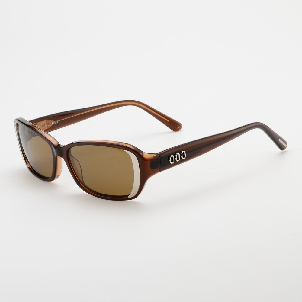 Brown sunglasses with a brand logo on a white background