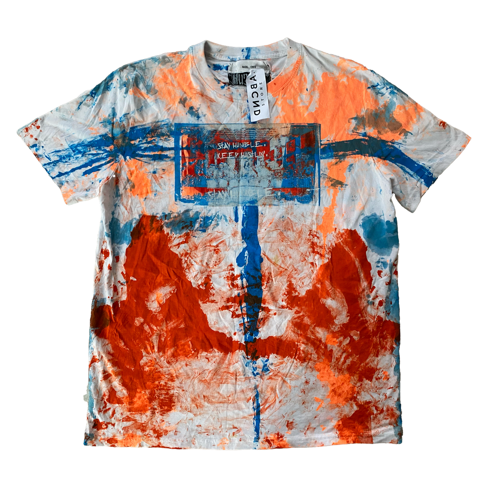 Orange and blue screen-printed upcycled T-shirt by Humble Hustle — product view