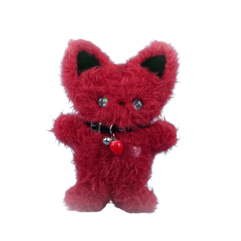 Hand-sewn red plush cat toy with black ears, glittery eyes, and strawberry charm collar – unique collectible from Mimi Planet, handmade in Hong Kong