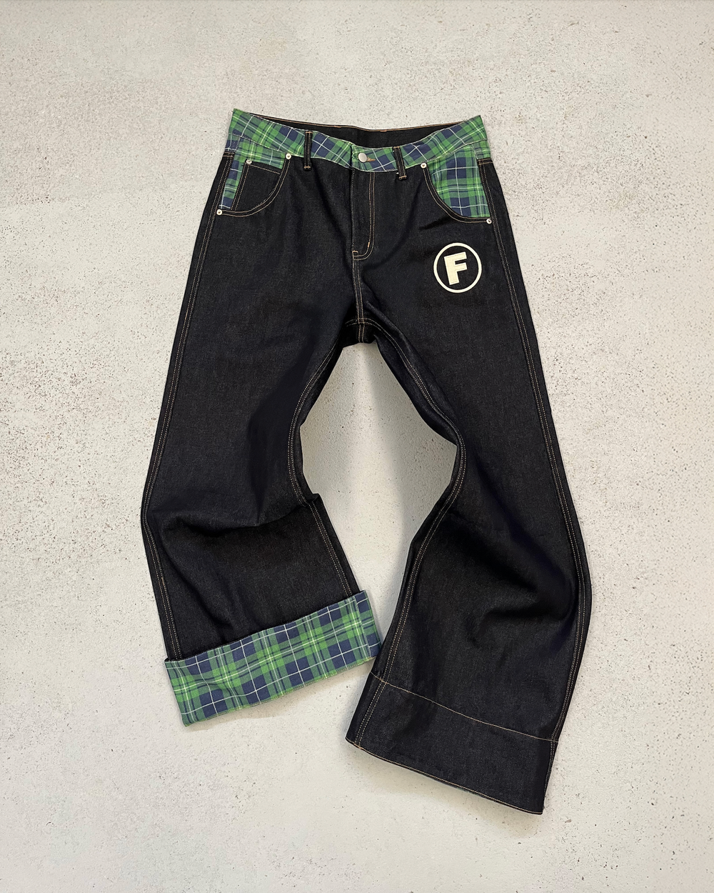 La Fam Checkered F Wide Leg Denim Jeans
