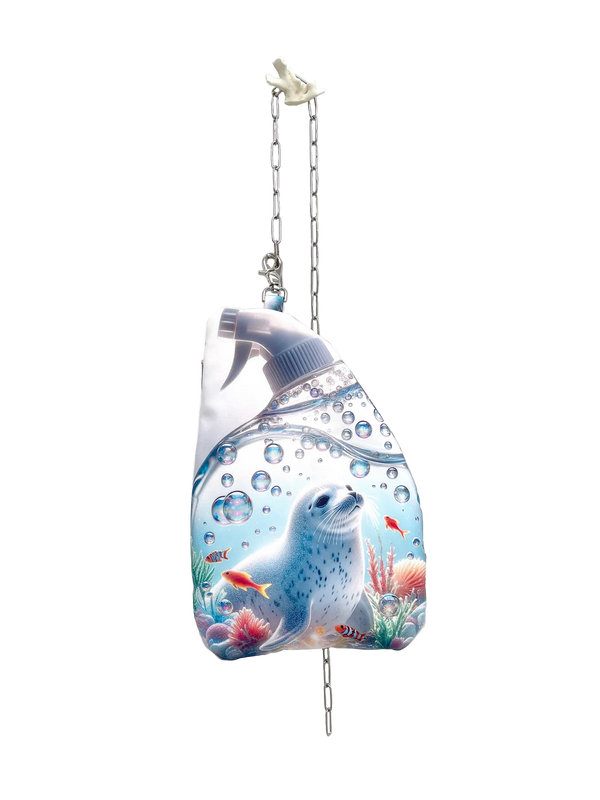 Spray bottle with fish design on a white background