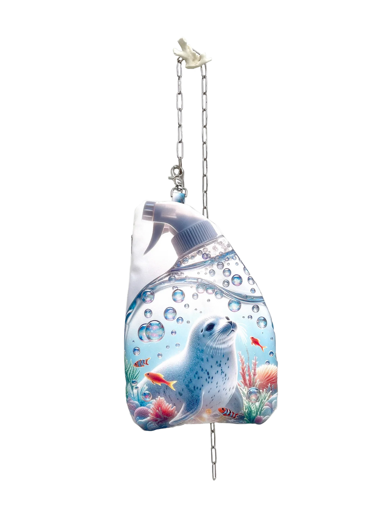 Spray bottle with fish design on a white background