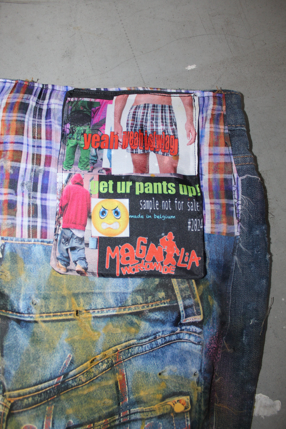 Dream Unit S(w)AG Skirt worn back view highlighting waistband and patchwork denim.