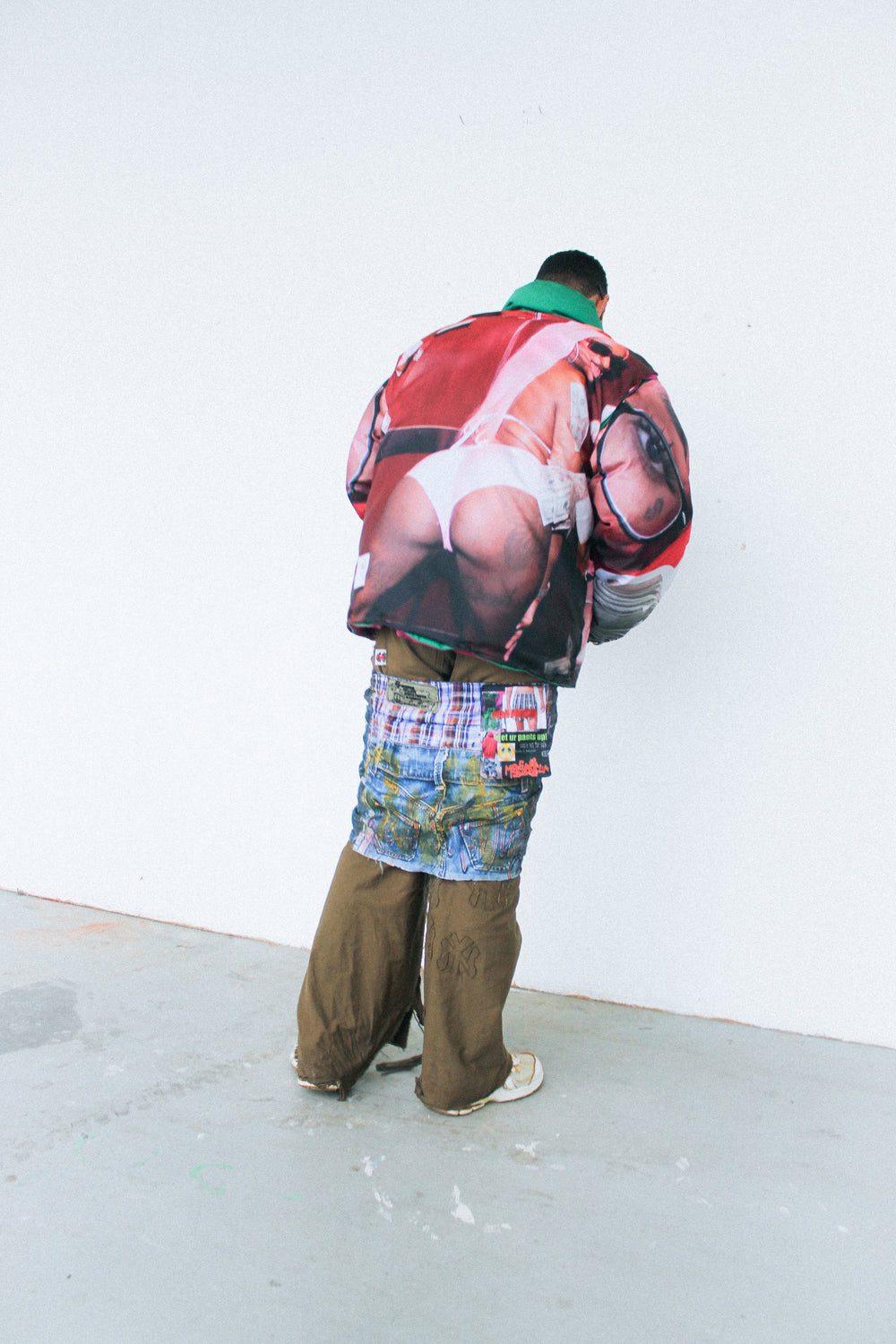 Dream Unit S(w)AG Skirt worn, back view showing upcycled patchwork denim and raw hem