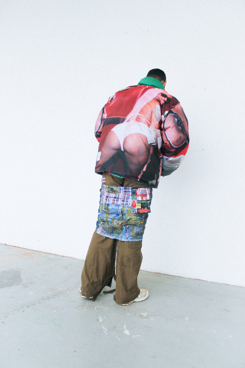 Dream Unit S(w)AG Skirt worn, back view showing upcycled patchwork denim and raw hem