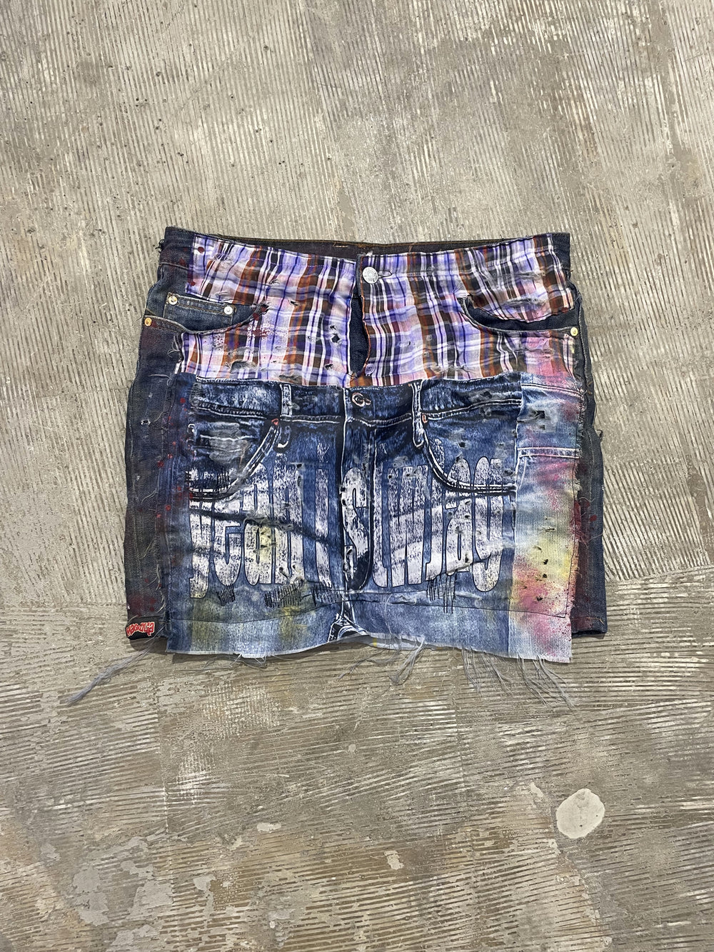 Dream Unit S(w)AG Skirt flat lay front view with printed and patchwork denim panels.