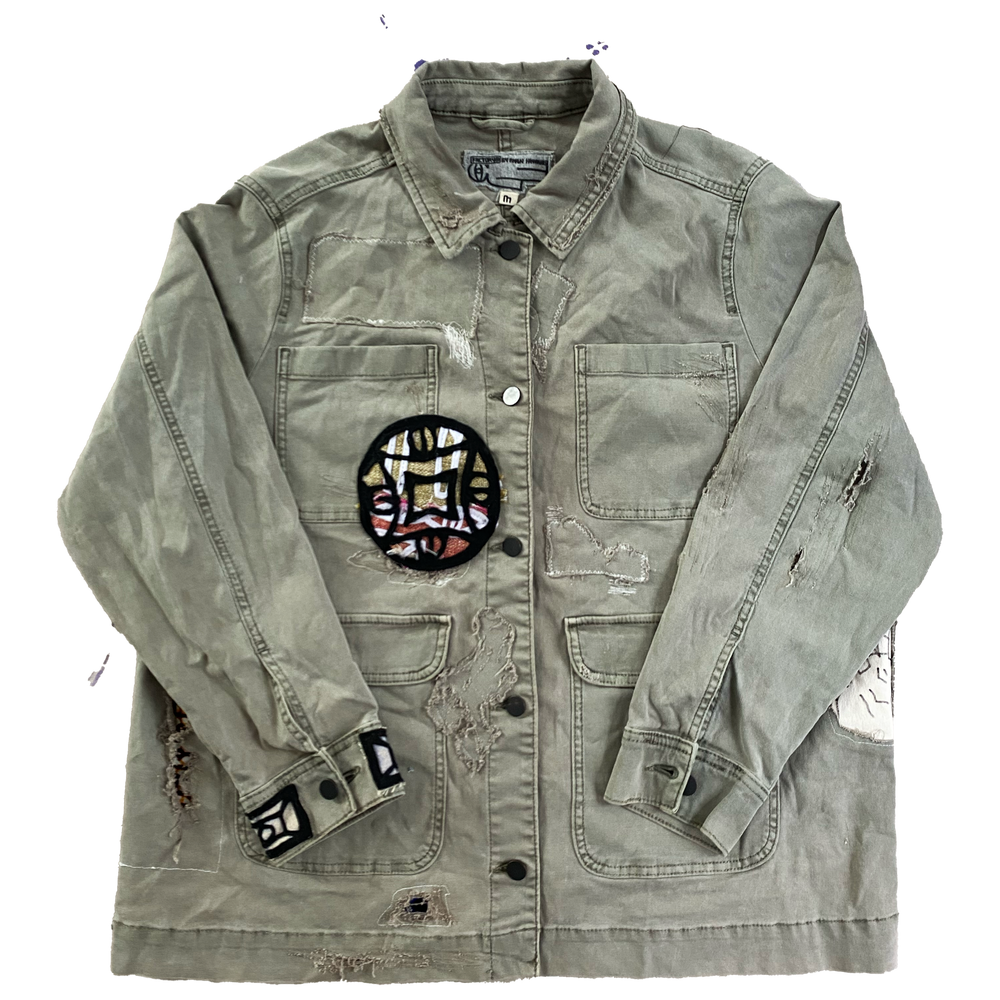 Vintage khaki denim jacket with patches by Ryan Hawaii — product view
