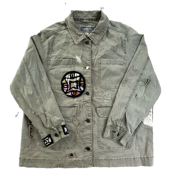 Vintage khaki denim jacket with patches by Ryan Hawaii — product view