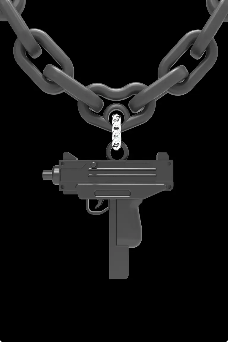 “A bold necklace featuring a chunky black chain with a silver clasp, adorned with a detailed pendant in the shape of a miniature submachine gun. The design is set against a solid black background, emphasizing its striking and edgy aesthetic.”