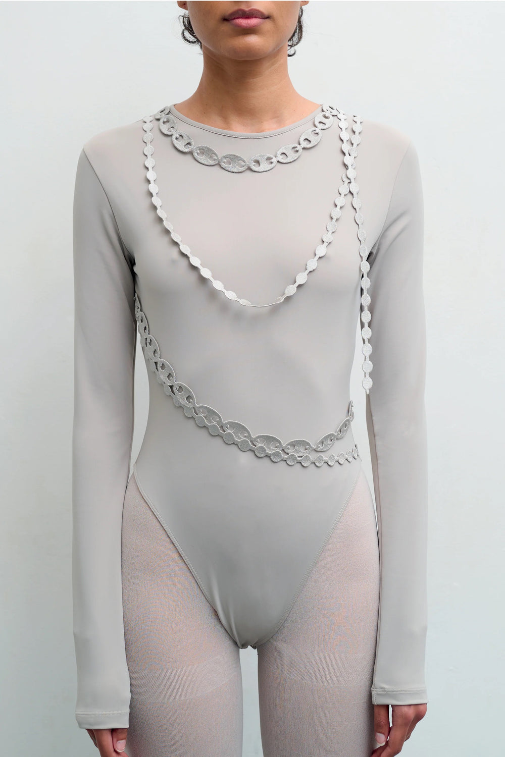 Front view of the GYGIL Chains Body bodysuit with long sleeves and printed chain motif