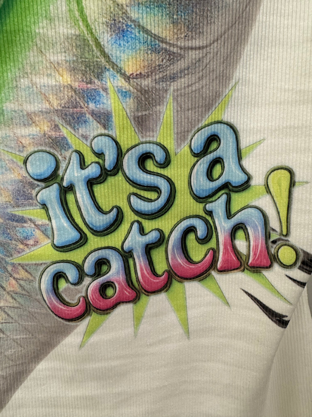 Colorful text 'it's a catch!' on a textured background