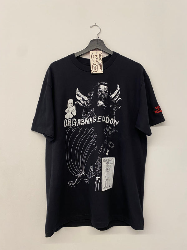 Black t-shirt with  white, screen printed, graphic design on a hanger 