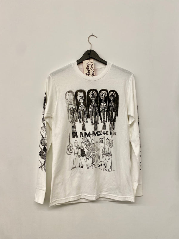 White long-sleeve shirt with black screenprinted graphic design on a hanger 