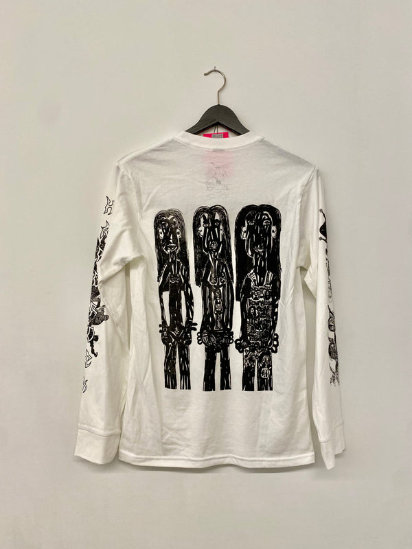 back of a white long-sleeve shirt with black  screenprinted graphic designs on a hanger 