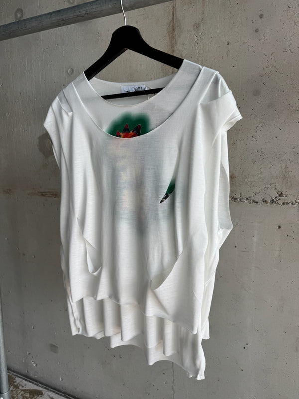White draped sleeveless top with green airbrushed dinosaur print on front from YAKU’s Afrofuturist collection.