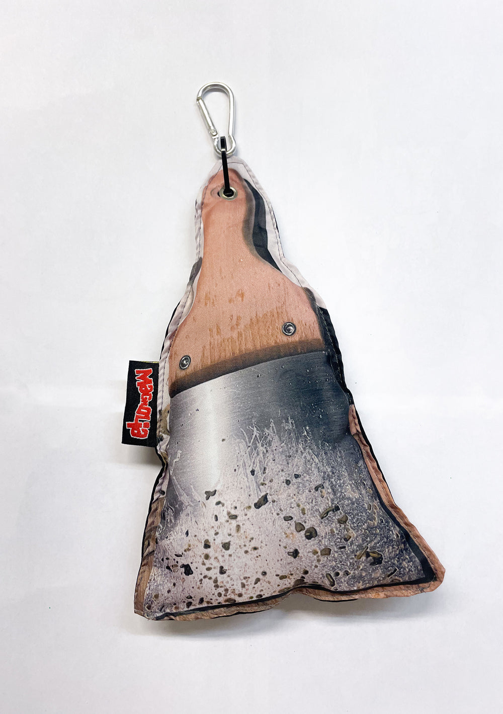 Scraper shape cushion with printed graphic design, padded fabric construction and metal carabiner hook.