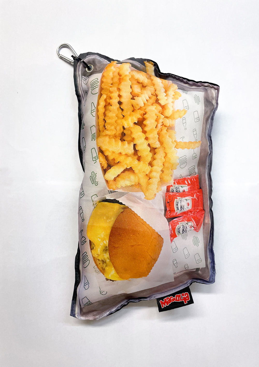 Burger and fries cushion MW034 with fast food graphic print, padded fabric and metal carabiner attachment.