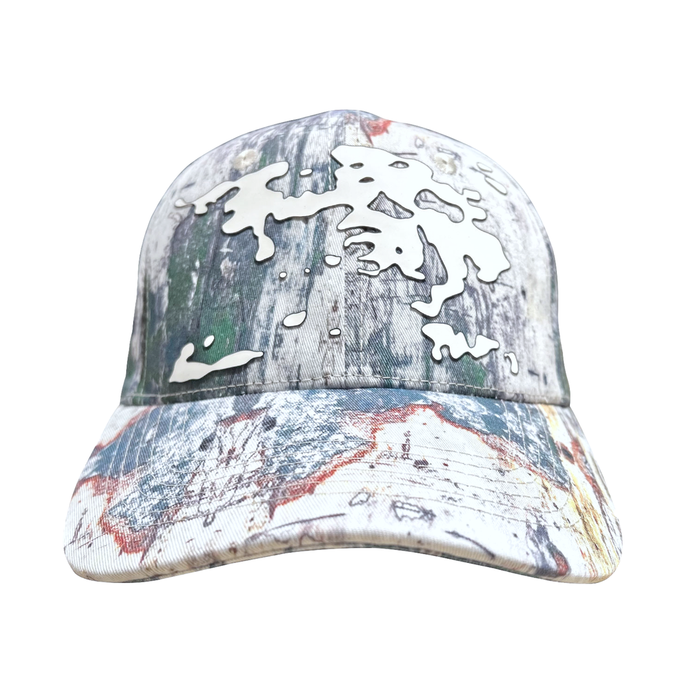 Baseball cap with an abstract art print and an adjustable strap, photographed from the front