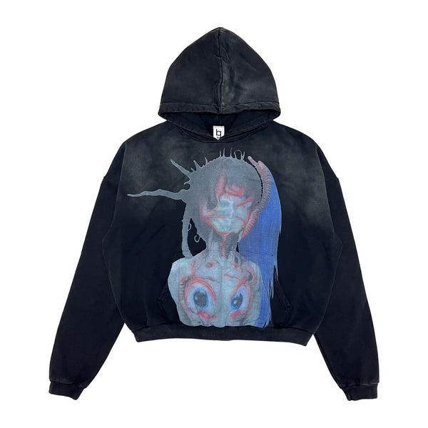 Black hoodie with a graphic design on a white background