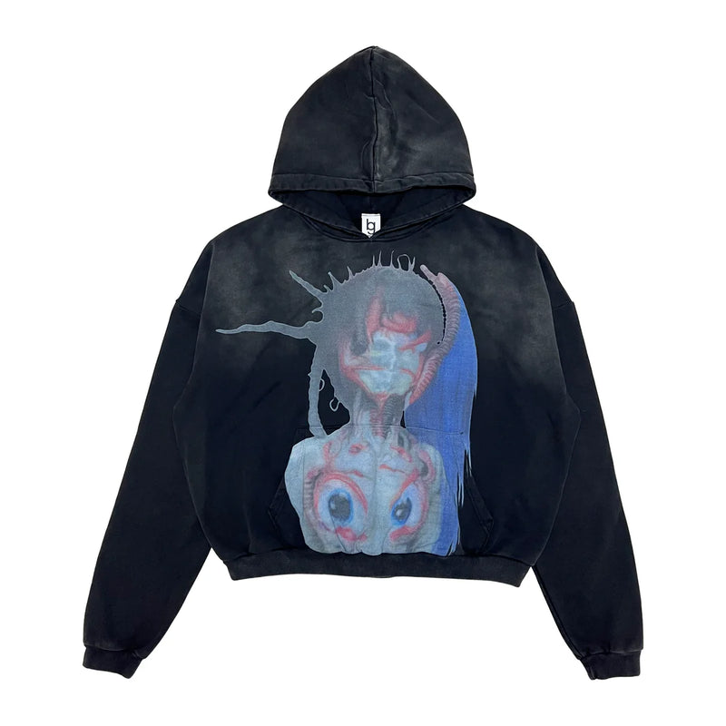 Black hoodie with a graphic design on a white background