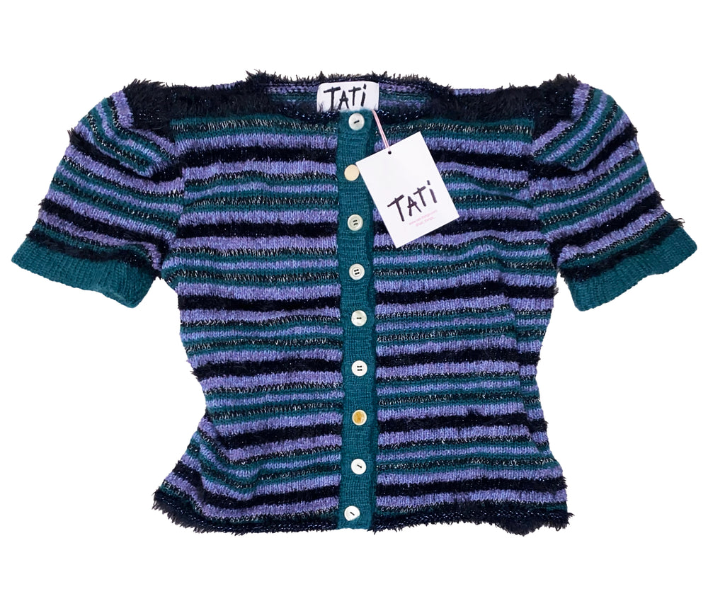 Striped knitted cardigan with buttons and a visible brand tag on a white background