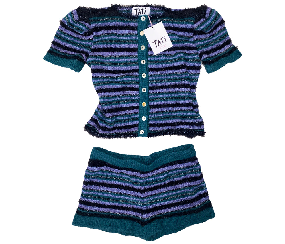 Striped knitted shirt and shorts set with 'Tati' tag on a white background