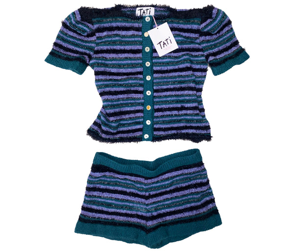 Striped knitted shirt and shorts set with 'Tati' tag on a white background