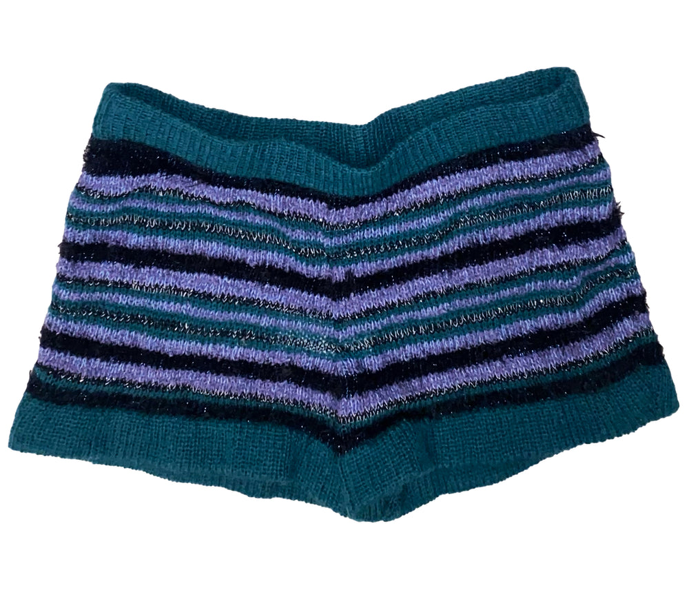 Striped knitted shorts with blue and purple pattern on a white background