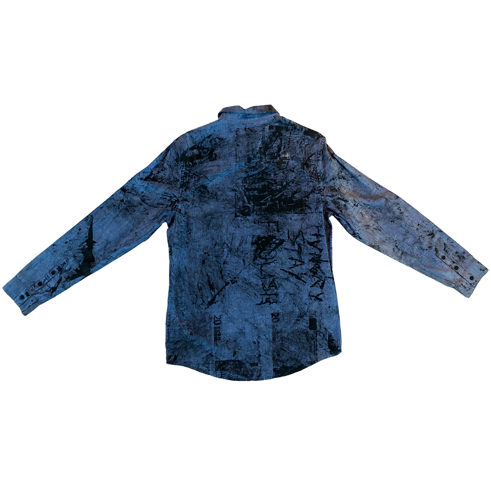 Blue and black upcycled shirt by Humble Hustle — back view