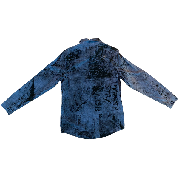 Blue and black upcycled shirt by Humble Hustle — back view