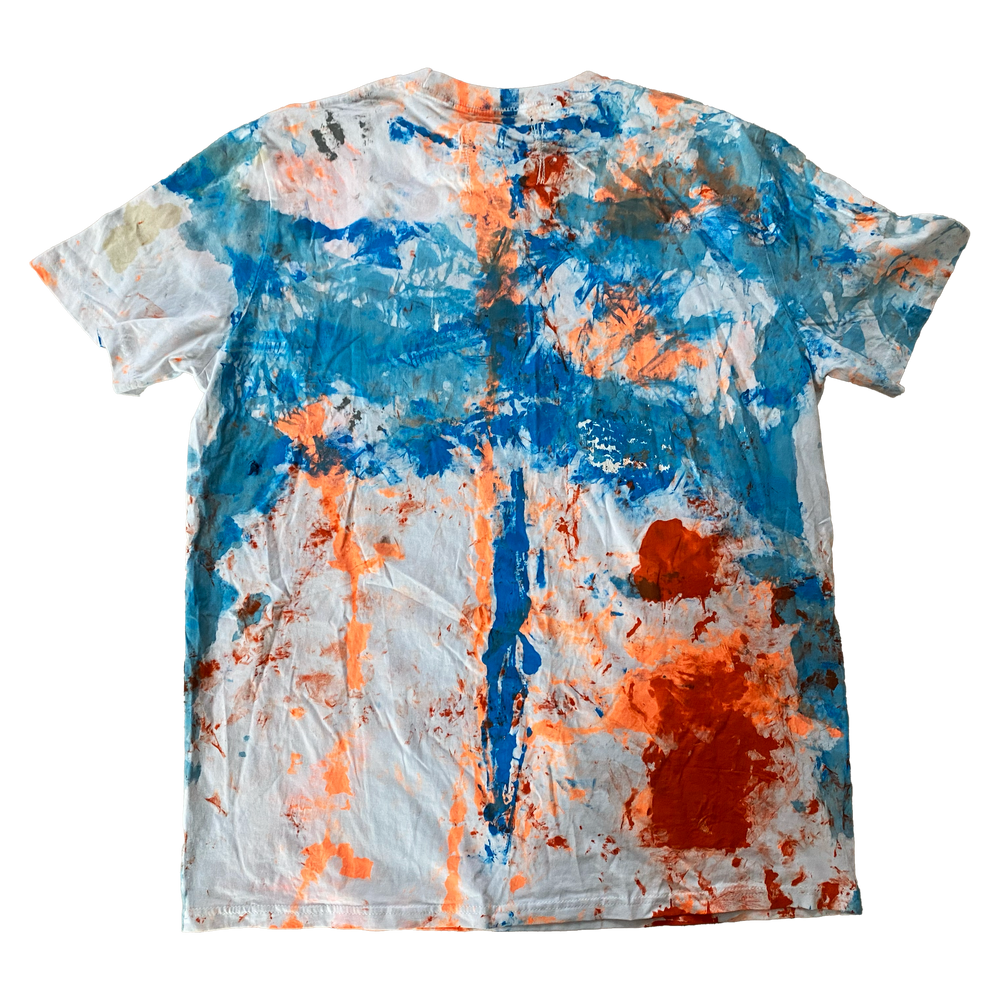 Orange and blue screenprinted upcycled T-shirt by Humble Hustle — back view