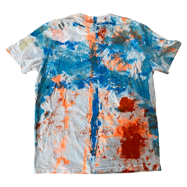 Orange and blue screenprinted upcycled T-shirt by Humble Hustle — back view