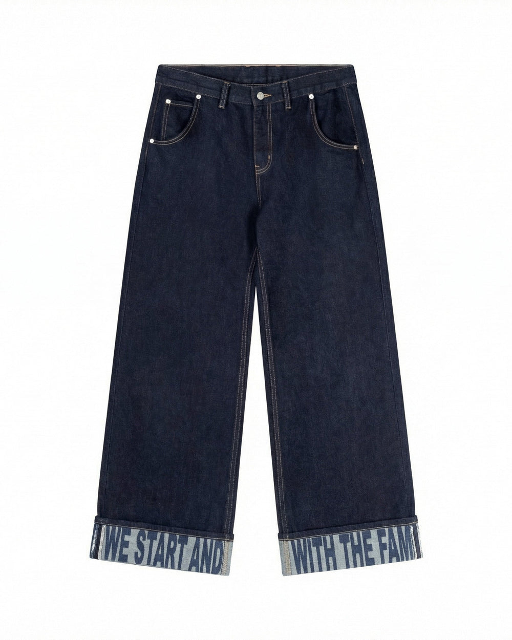 La Fam wide leg navy denim slogan jeans with tartan lining at Dream Unit Amsterdam