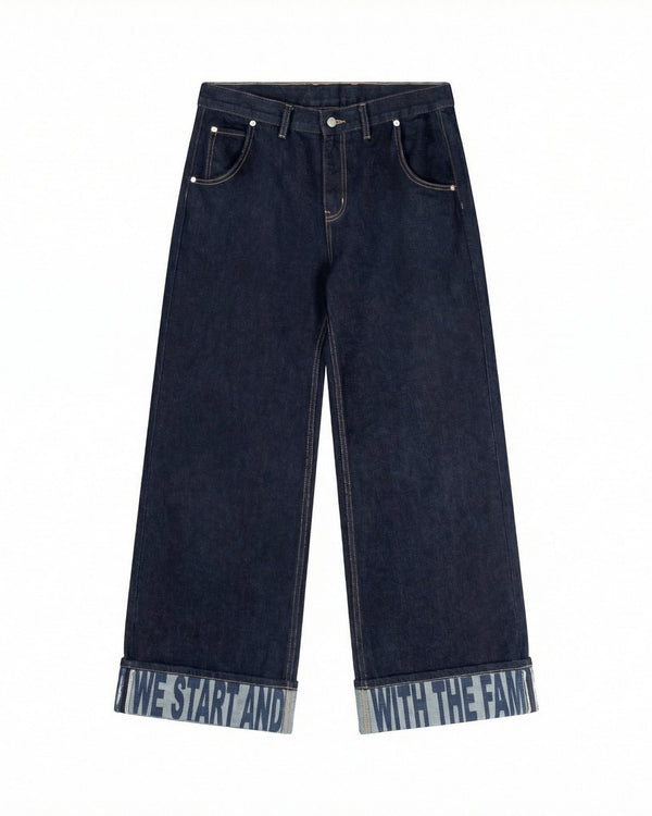 La Fam wide leg navy denim slogan jeans with tartan lining at Dream Unit Amsterdam