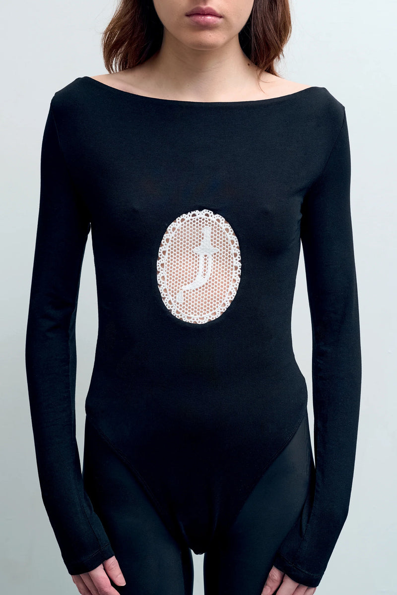 Front view of the GYGIL Knife Body bodysuit highlighting the central cut-out and long sleeves.