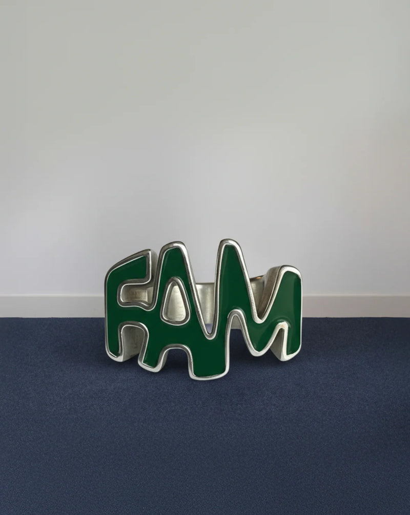 Green and silver 'FAM' letter-shaped object on a blue surface with a white background