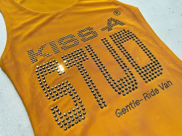 Maizie Kiss a Stud top — silver rhinestone slogan detail
