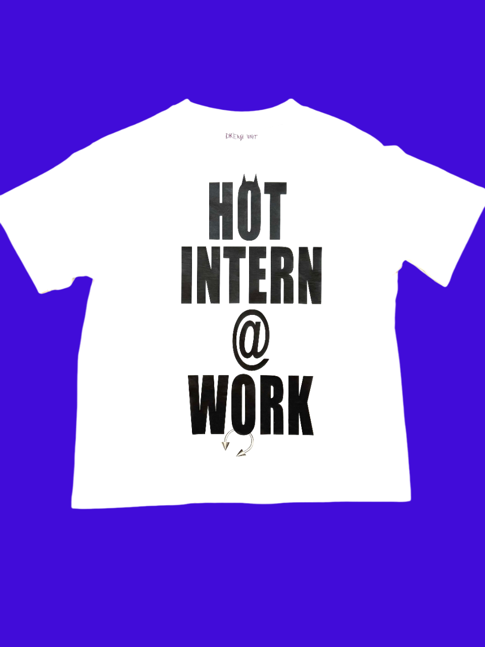 White t-shirt with 'HOT INTERN @ WORK' text on a blue background