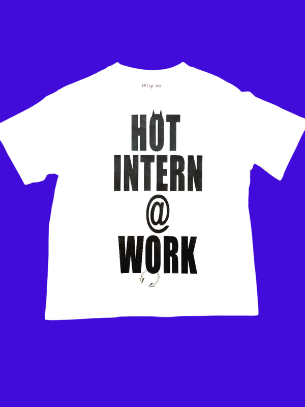 White t-shirt with 'HOT INTERN @ WORK' text on a blue background
