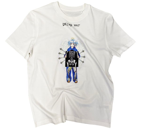 White t-shirt with an anime character graphic and text on a white background