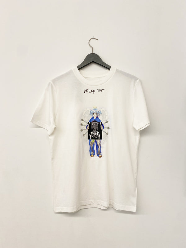 White t-shirt with graphic design and text on a hanger against a white background