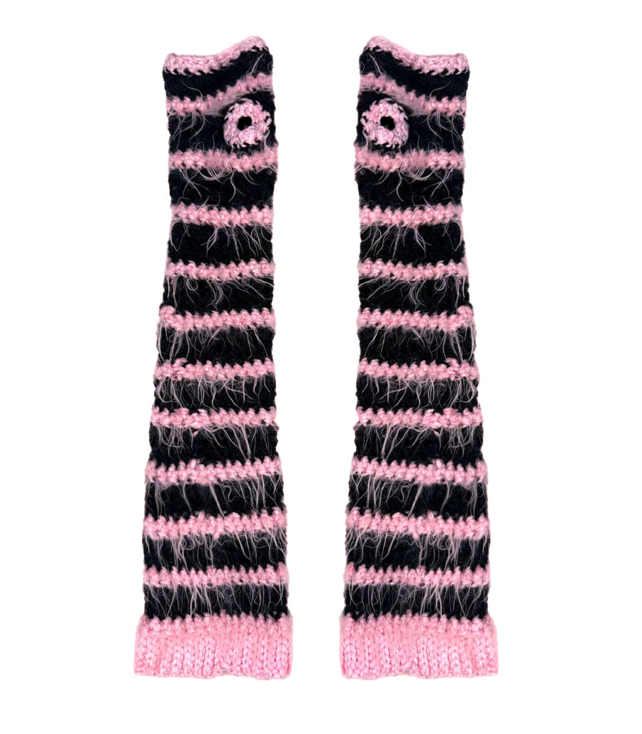 Pair of black and pink striped mittens on a white background