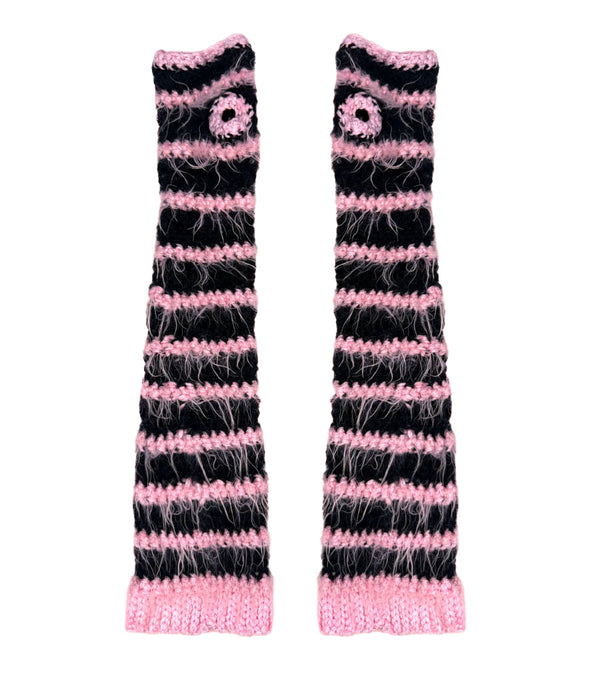 Pair of black and pink striped mittens on a white background