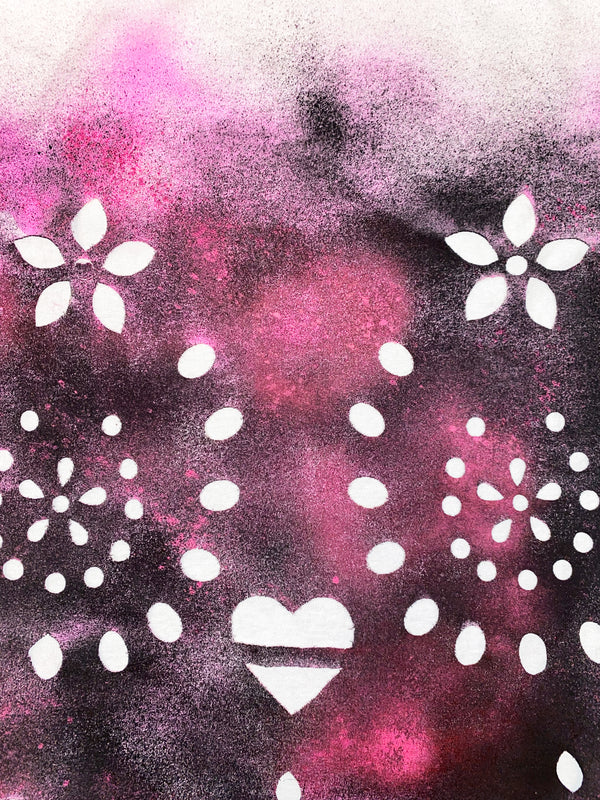 Abstract design with white floral and heart shapes on a pink and black background