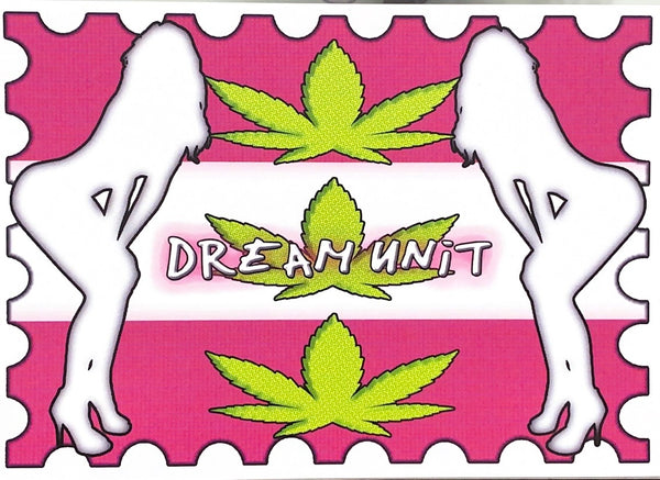 Design with cannabis leaves and 'Dream Unit' text on a pink background