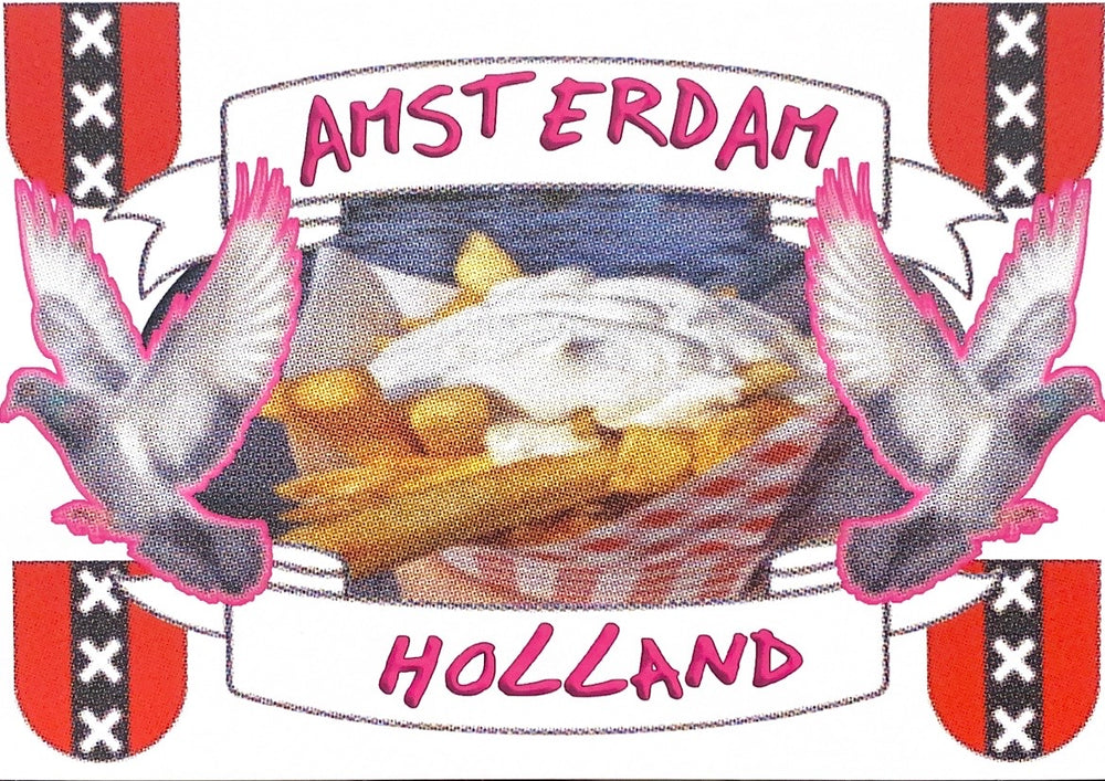 Postcard with image of an embroidered patch with fries, birds, and Amsterdam Holland text
