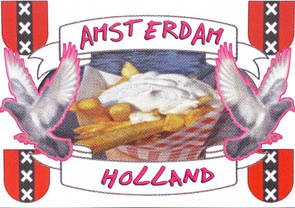 Postcard with image of an embroidered patch with fries, birds, and Amsterdam Holland text