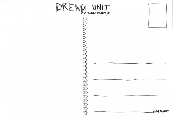 Back of A6 postcard with address lines, stamp box, and blank space for a message