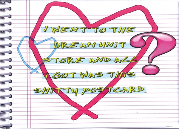 Handwritten text on a heart-shaped postcard with a question mark, on lined notebook paper.